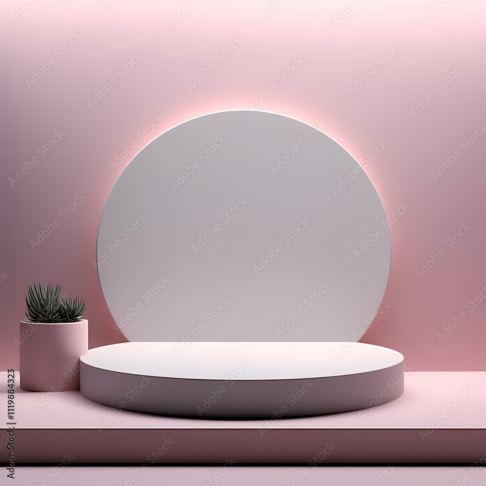 Minimalist display with a circular backdrop and potted plant, ideal for product showcasing. Minimalist display with a circular backdrop and potted plant, ideal for product showcasing.