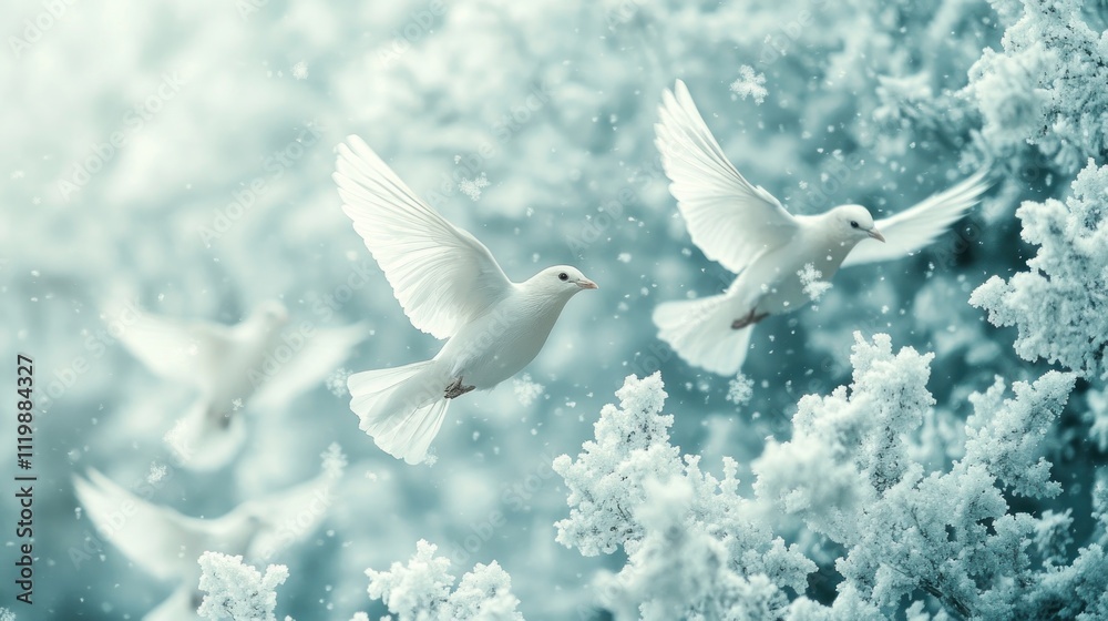 Obraz premium Three white doves fly in front of a snowy, frosted tree with a soft blue background.