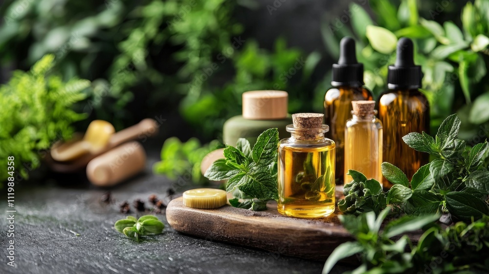Essential oils and fresh herbs on a rustic wooden board