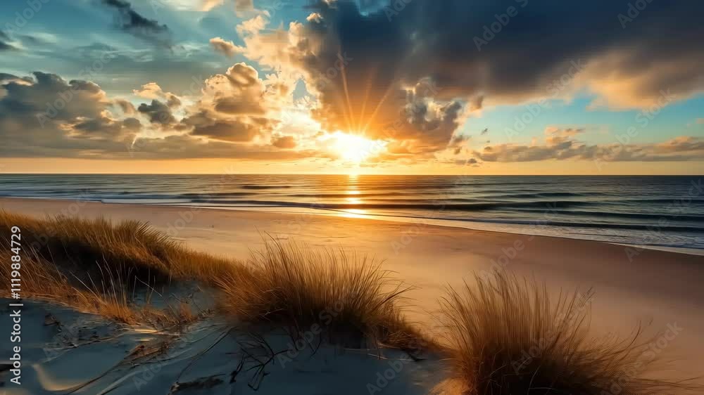 Golden Hour Beachscape: A Serene Sunset over Coastal Dunes Golden Hour Beachscape: A Serene Sunset over Coastal Dunes