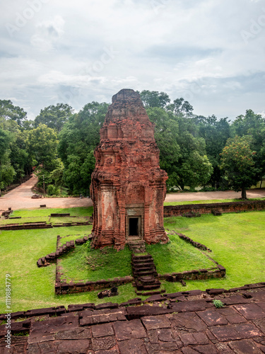 Details, sculptures and structures of the Bakong temple in Cambodia photo