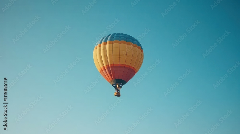 A colorful hot air balloon floats serenely against a clear blue sky. A colorful hot air balloon floats serenely against a clear blue sky.