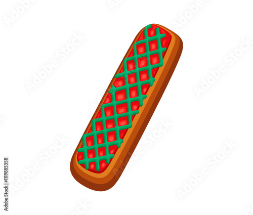 Christmas font, slash symbol as a Gingerbread cookie with red and green icing. Xmas alphabet, cartoon winter holiday type, festive typeface. Vector playful seasonal glyph with a spirit of celebrations