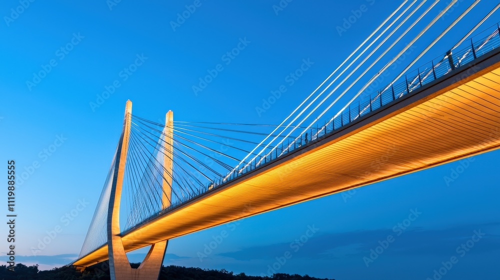 Fototapeta premium A stunning suspension bridge illuminated at dusk, showcasing elegant architectural lines against a vibrant blue sky.