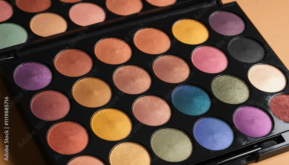 A colorful eyeshadow palette with a variety of shades. A colorful eyeshadow palette with a variety of shades.