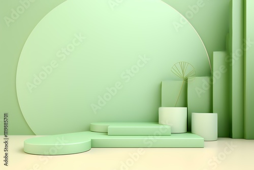 Minimalist green display with geometric shapes and decorative elements.