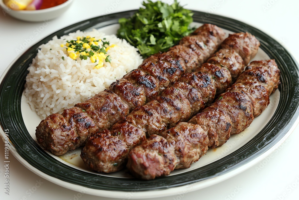 A Plate of Beef Kebabs with Rice on a White Table A Plate of Beef Kebabs with Rice on a White Table