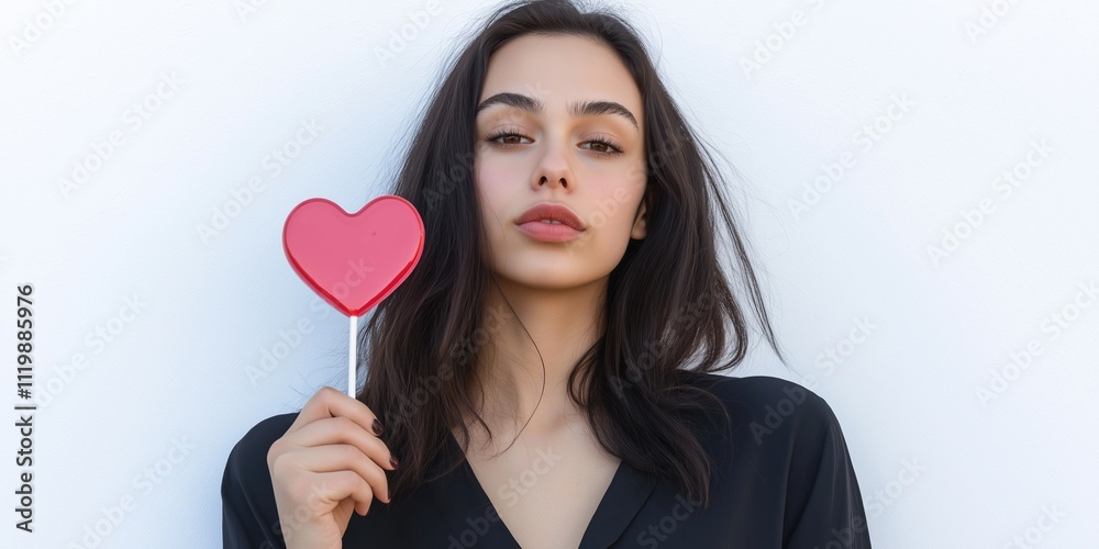A woman holding a red heart shaped lollipop. Concept of love and affection A woman holding a red heart shaped lollipop. Concept of love and affection