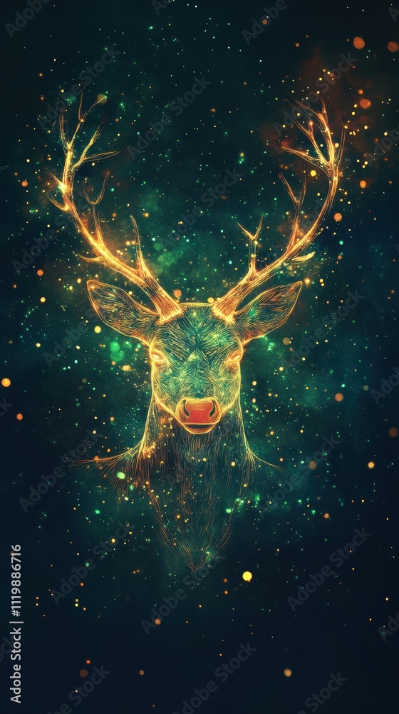 Fototapeta premium Neon outline of reindeer with golden antlers and red nose