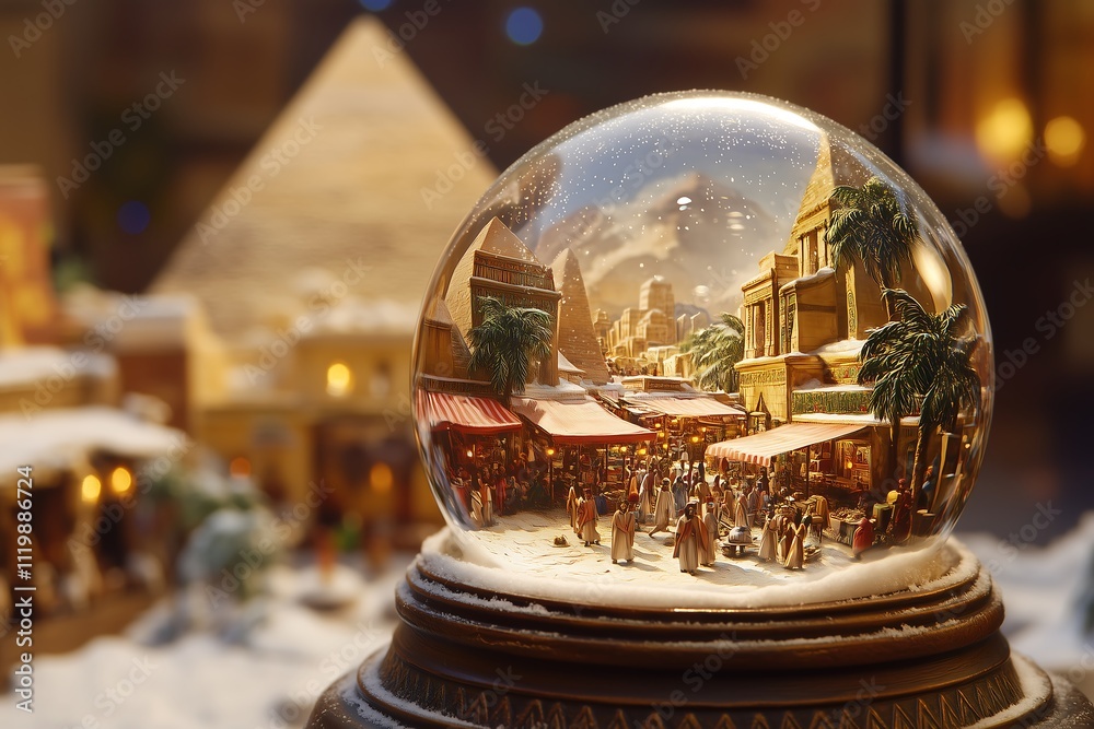 Intricate snow globe displaying a bustling ancient market scene with pyramids in the background. Intricate snow globe displaying a bustling ancient market scene with pyramids in the background.
