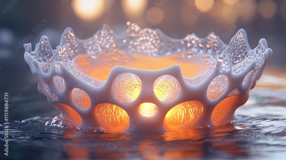 Fototapeta premium Abstract white crown-shaped object with glowing light inside floating on a still water surface with a blurry background.