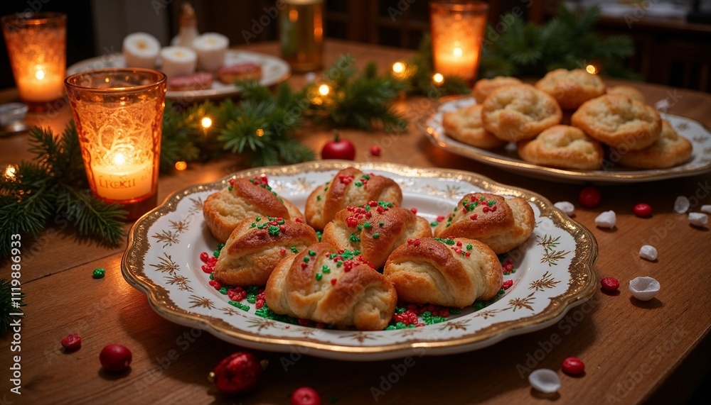 Festively decorated Danish pastries served on an ornate platter surrounded by candles and holiday decor