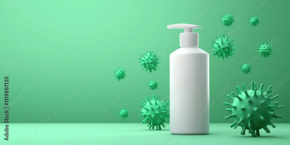 A minimalist image featuring a white pump bottle against a green background, surrounded by stylized virus representations, symbolizing cleanliness and health. A minimalist image featuring a white pump bottle against a green background, surrounded by stylized virus representations, symbolizing cleanliness and health.