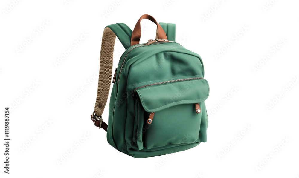Naklejka premium Green backpack with leather accents, stylish design, spacious compartments, ideal for daily use, travel, or school., isolated on transparent background, png