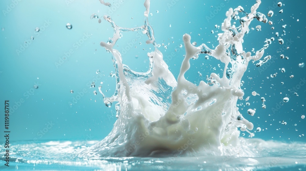 Milk splashing in a dramatic frozen motion against blue background Milk splashing in a dramatic frozen motion against blue background