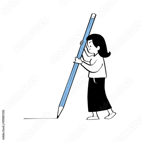 Making Work. Minimalist Notion Style Illustration of a Woman Focused on Her Tasks.