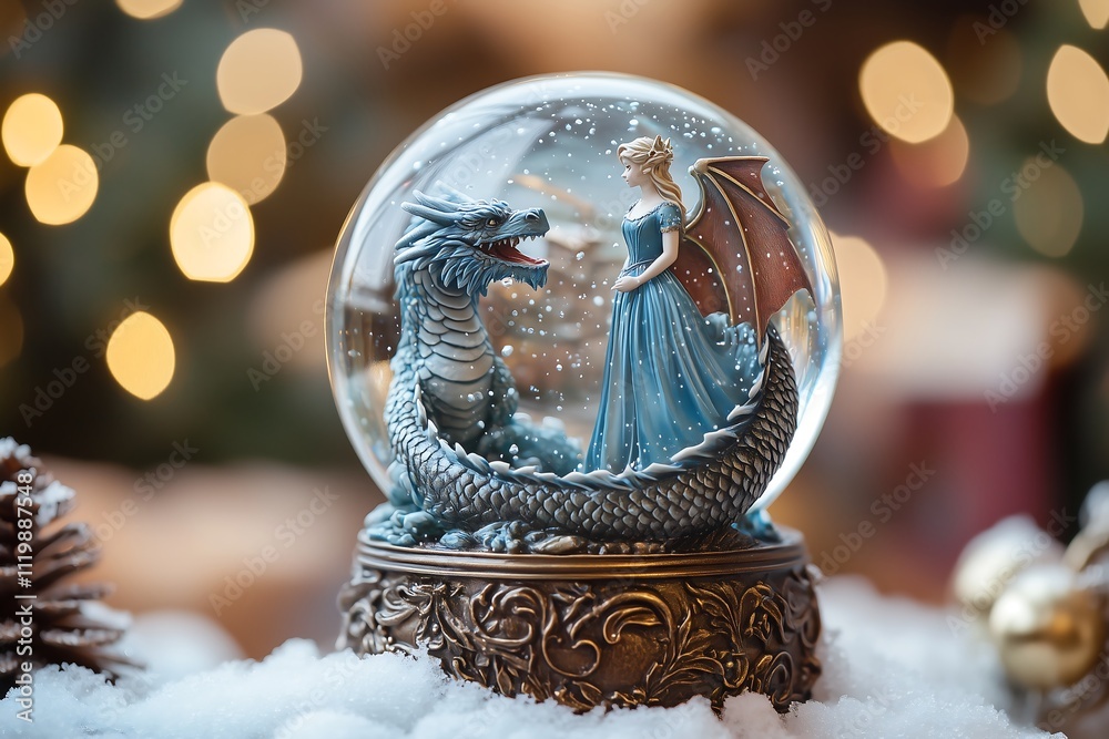 A mystical scene inside a snow globe featuring a dragon and a princess in a blue gown. A mystical scene inside a snow globe featuring a dragon and a princess in a blue gown.