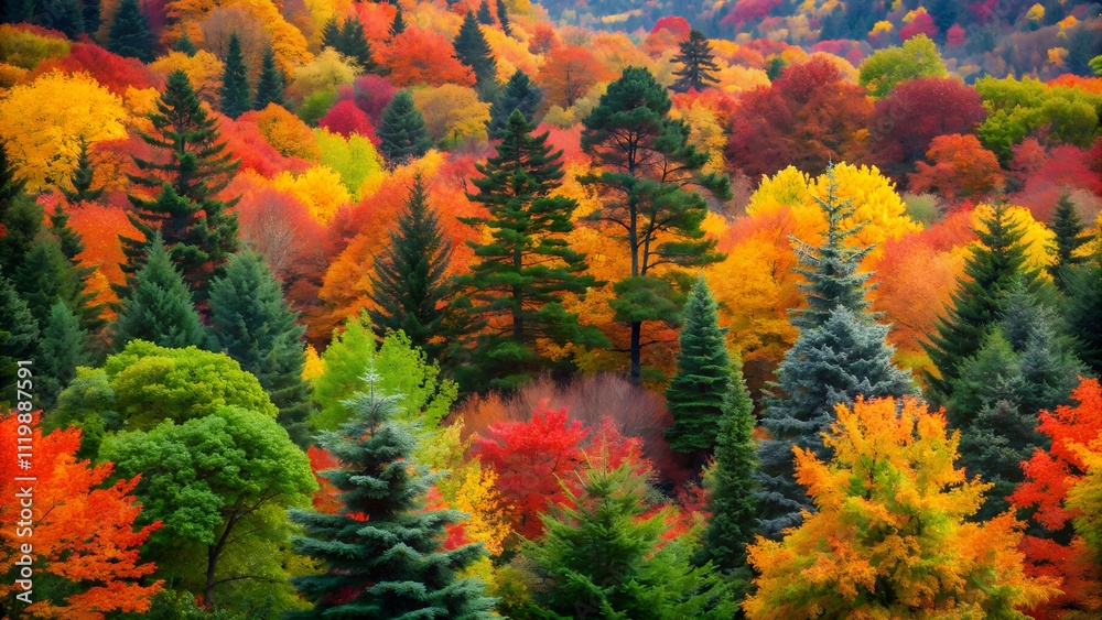 A vibrant autumn forest landscape with a variety of trees in red, orange, yellow, and green foliage A vibrant autumn forest landscape with a variety of trees in red, orange, yellow, and green foliage