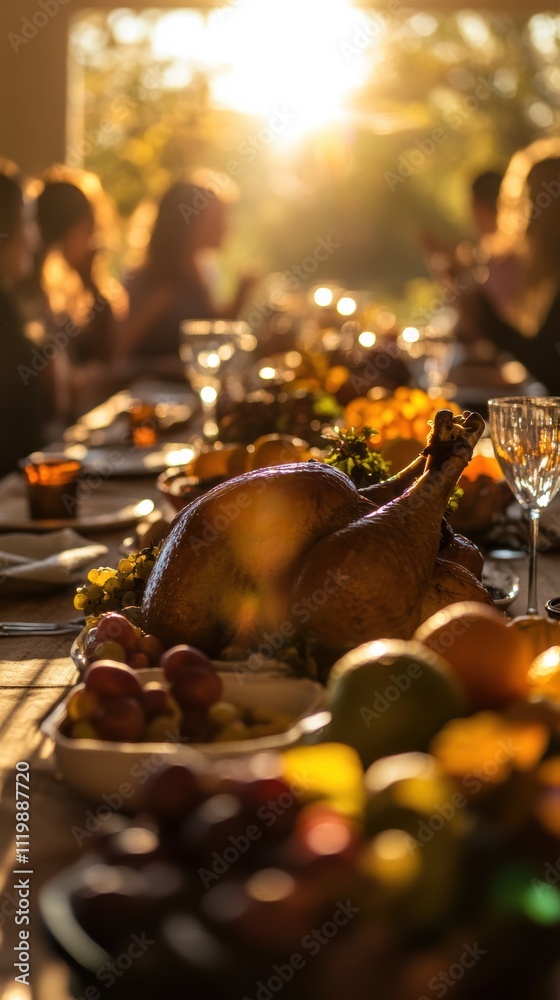 Thanksgiving feast with turkey and seasonal dishes in sunlit room