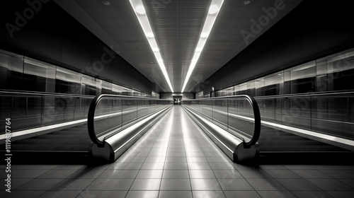 A minimalist depiction of an airport escalator in simple lines, shot with a PhaseOne camera, emphasizing sleek design and modern architecture.

 photo