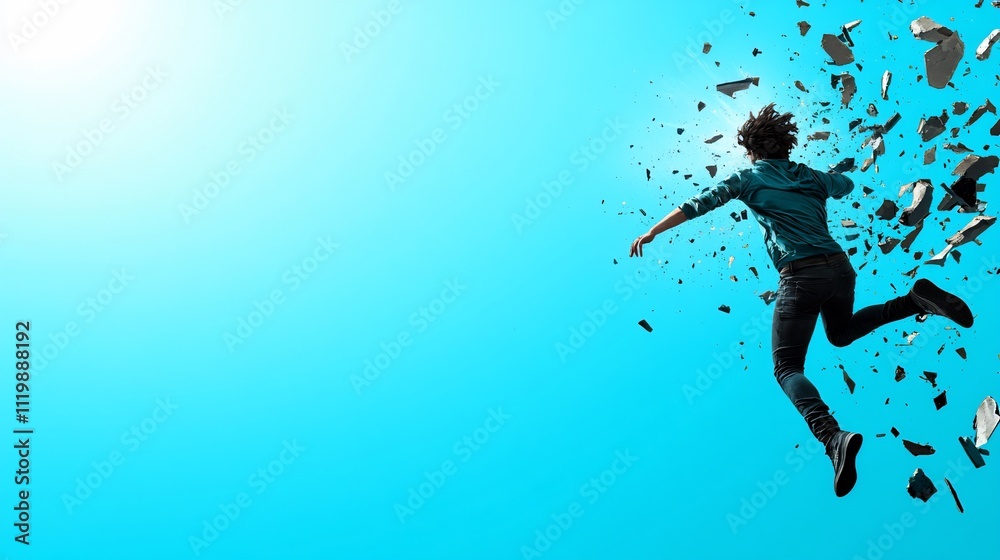 Man running, escaping, stone fragments exploding behind. Man running, escaping, stone fragments exploding behind.