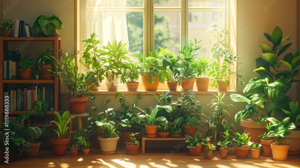 A sunlit room filled with various potted plants, showcasing a bright and vibrant indoor garden. A sunlit room filled with various potted plants, showcasing a bright and vibrant indoor garden.