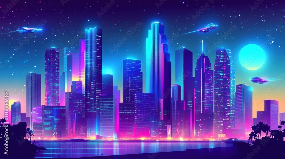 Futuristic night skyline with neon lights and flying cars Futuristic night skyline with neon lights and flying cars