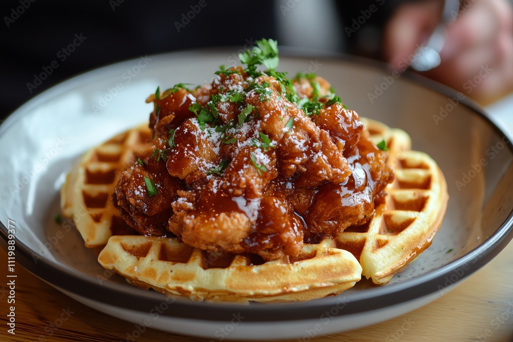 Fototapeta premium A Plate of Chicken and Waffles Held in a Hand