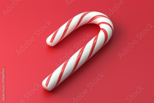 A Single Peppermint Candy Cane on Red Background: Festive Holiday Sweet Treat photo