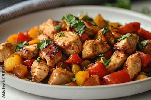 A Plate of Chicken and Vegetable Stir-Fry on a White Table