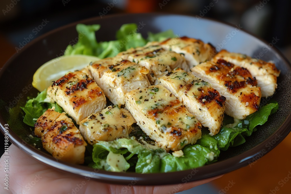 A Plate of Chicken Caesar Salad Held in a Hand A Plate of Chicken Caesar Salad Held in a Hand