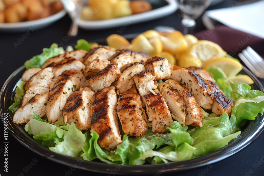 A Plate of Chicken Caesar Salad on a Black Table Top View A Plate of Chicken Caesar Salad on a Black Table Top View