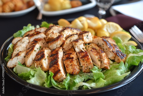 A Plate of Chicken Caesar Salad on a Black Table Top View