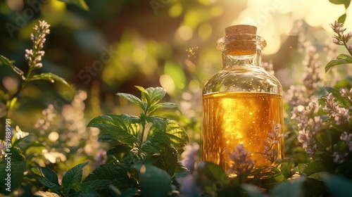 A glass bottle of essential oil stands in a lush green field of herbs, bathed in golden sunlight. The bottle is filled with a clear, golden liquid, and the cork lid is slightly ajar.