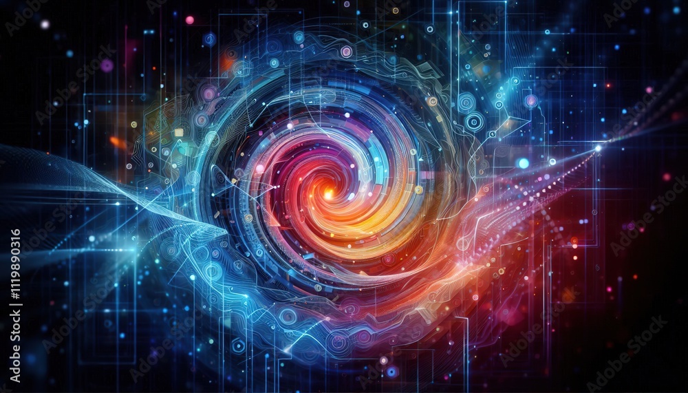 Obraz premium technological abstract background with spiral curls, lines, light, particles in dark tones