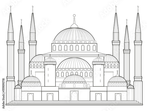 Hagia Sophia Grand Mosque in Istanbul, Turkey. Graphic vector outline blueprint. One of the most famous landmarks in Turkey