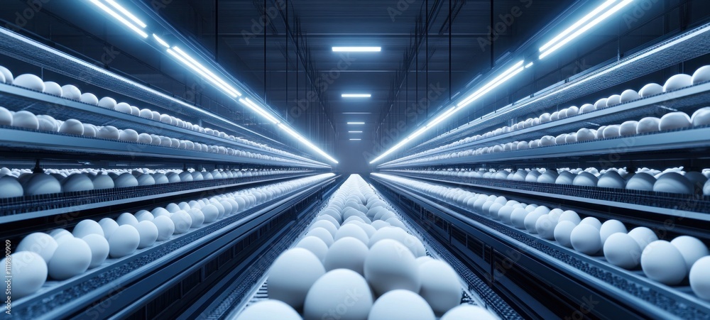 Obraz premium Endless Rows of Eggs in a Modern Egg Farm: A Futuristic Agricultural Image