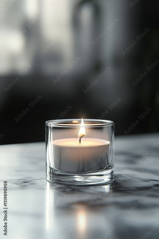 Serene candle glow in a glass holder on marble surface in soft light