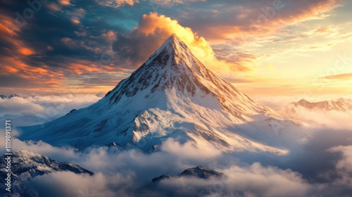 Majestic Snow-Capped Mountain Summit Under Vibrant Sunset Sky with Dramatic Clouds and Misty Valleys in Peaceful Wilderness Setting