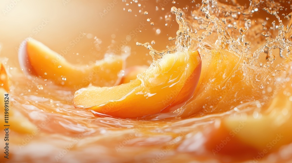 Pieces of sliced peach dive into vibrant juice, causing droplets to scatter, capturing the essence of freshness and vitality in a fluid dance-like motion. Pieces of sliced peach dive into vibrant juice, causing droplets to scatter, capturing the essence of freshness and vitality in a fluid dance-like motion.