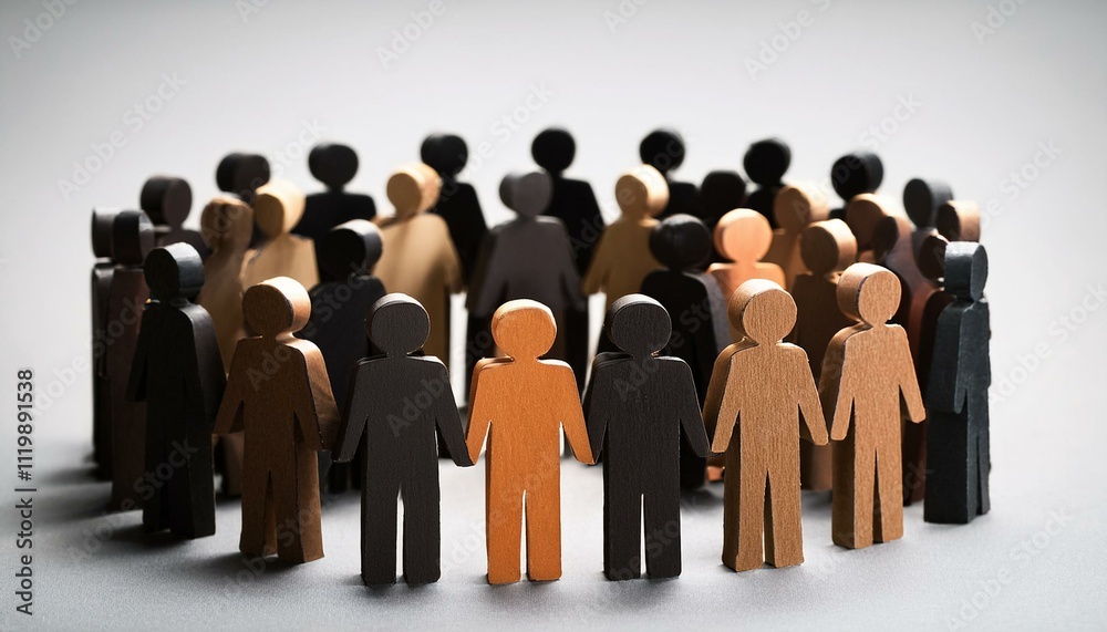 a paper cut of of a crowd of diverse people; wooden figures around the leader
a paper cut of of a crowd of diverse people; wooden figures around the leader