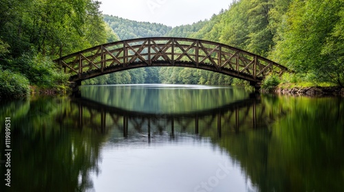 A picturesque wooden bridge spans a calm river, surrounded by lush greenery and reflected in the serene waters.