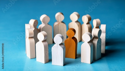 a paper cut of of a crowd of diverse people; wooden figures around the leader	
