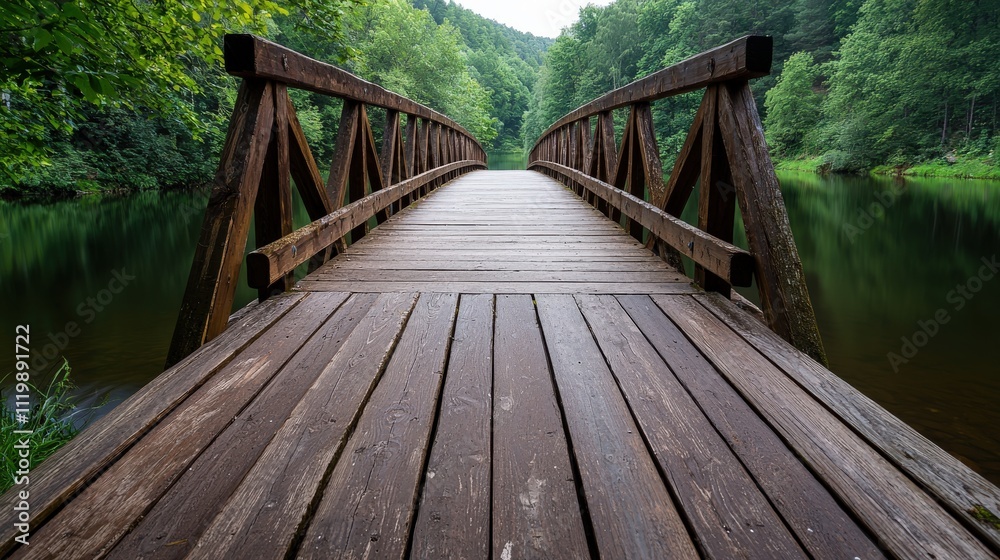 A serene wooden bridge stretches over calm waters, surrounded by lush greenery and rolling hills, inviting exploration and tranquility. A serene wooden bridge stretches over calm waters, surrounded by lush greenery and rolling hills, inviting exploration and tranquility.