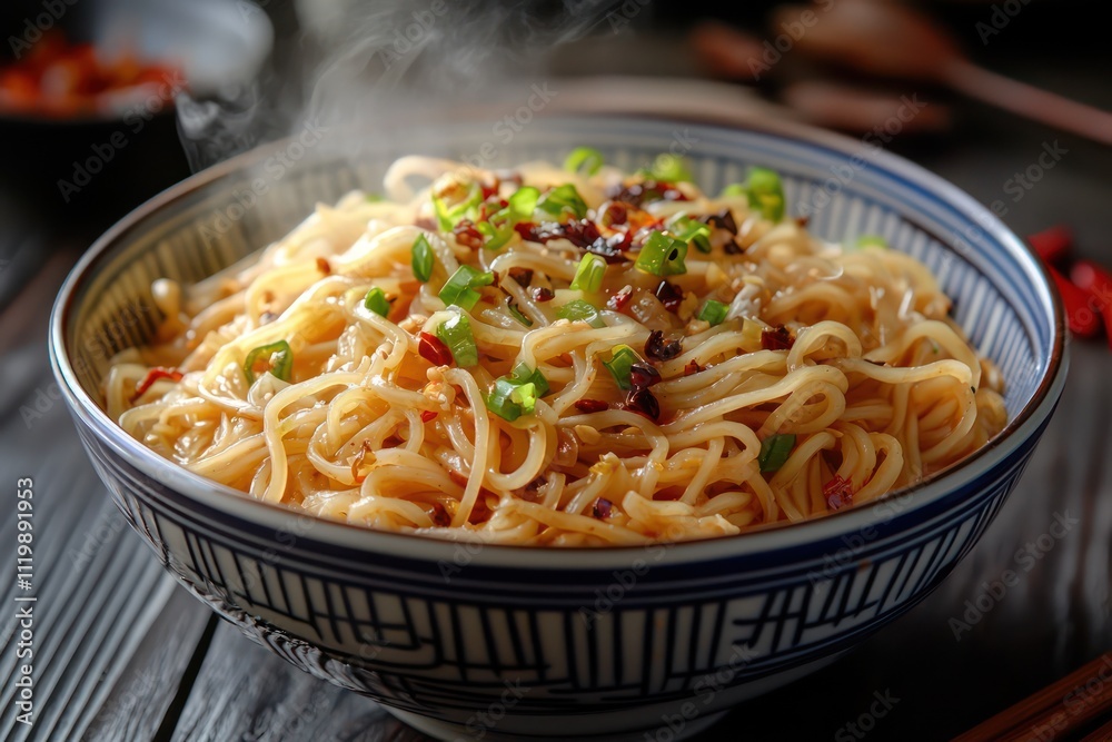 Chinese noodles in a bowl, steaming and aromatic. Chinese noodles in a bowl, steaming and aromatic.