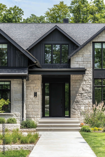 A modern farmhouse-style home with black accents, featuring stone exterior walls and large windows. The house has two stories and is surrounded by lush greenery. It includes an elegant front door with