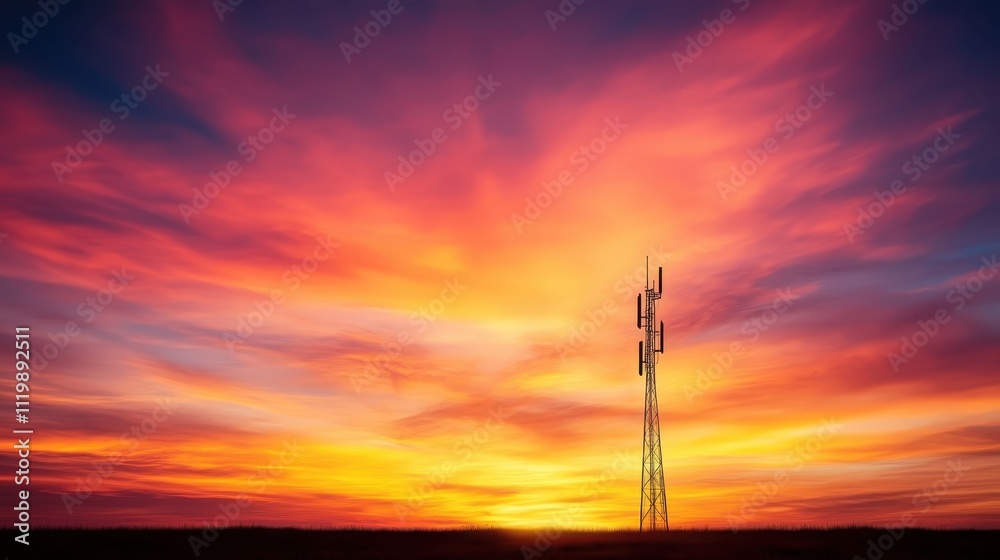 Obraz premium A stunning communication tower stands in silhouette against a breathtaking, vibrant sunset sky, capturing the essence of technology meets nature's beauty.