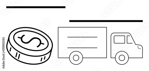 Coin with dollar sign alongside delivery truck highlights financial transactions and logistics. Ideal for finance, delivery, logistics, money management, shipping, commerce, supply chain. Line