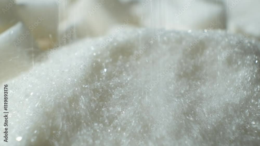 White crystalline beet refined sugar pouring slow motion macro. White crystalline beet refined sugar pouring slow motion macro.
