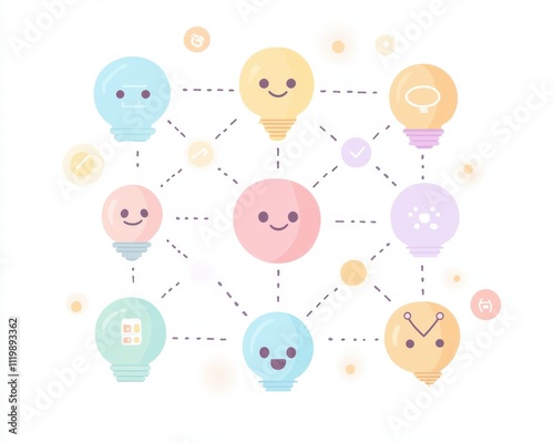 Colorful light bulb characters interconnected with expressions on a white background.